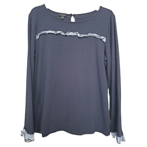 Talbots Cotton Blend Blue Keyhole Back Long Sleeve T-Shirt with Ruffle Detail L - Picture 1 of 6